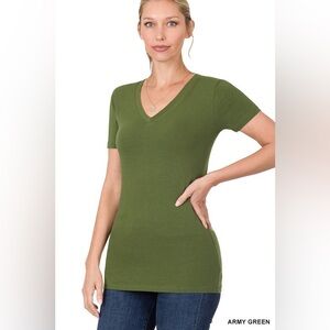 Army Green V-neck Cotton Tee